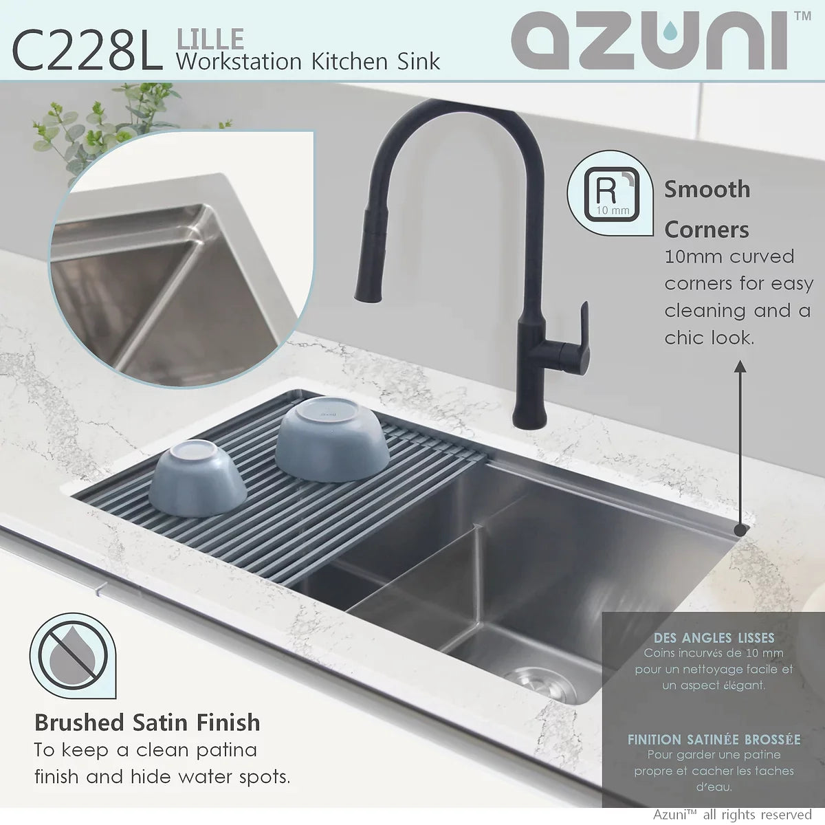 Stylish Azuni 28" x 19" Lille Workstation Double Bowl Undermount Kitchen Sink Stainless Steel C228l