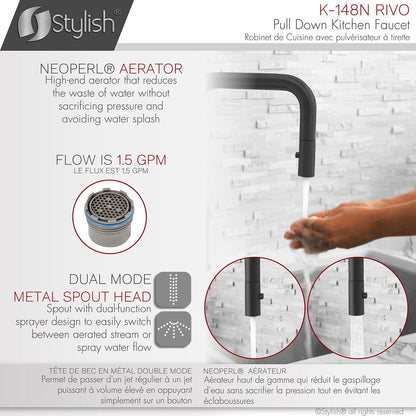 Stylish Rivo Single Handle Pull Down Kitchen Faucet- Matte Black Finish K-148N