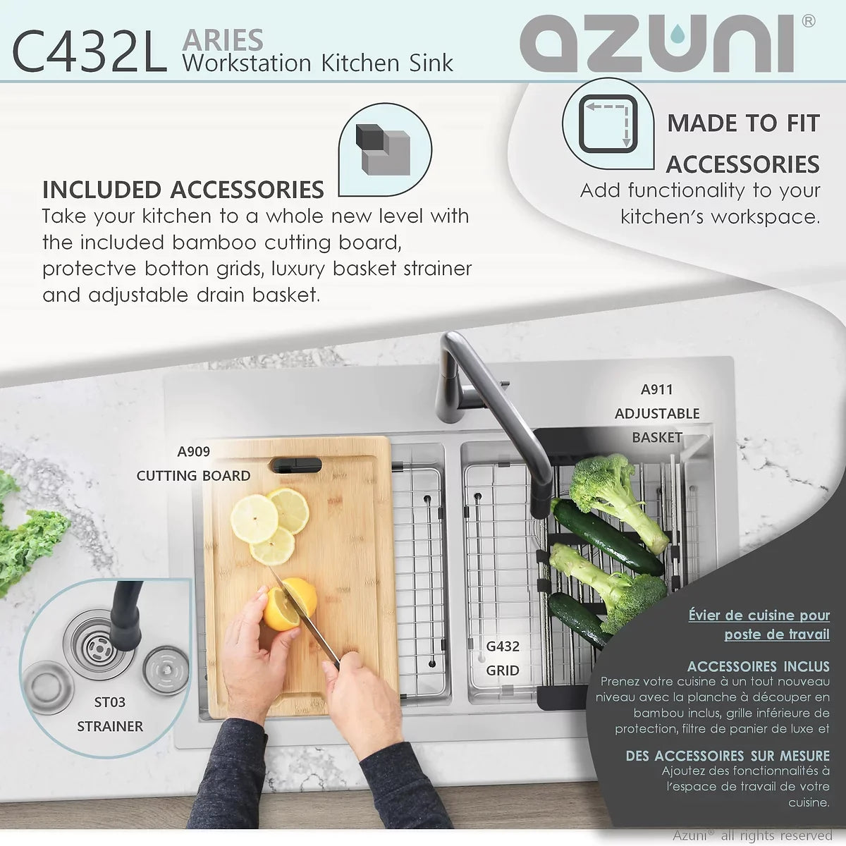 Stylish Azuni Aries 31” x 20.5" Workstation Double Bowl Kitchen Sink Stainless Steel C432L