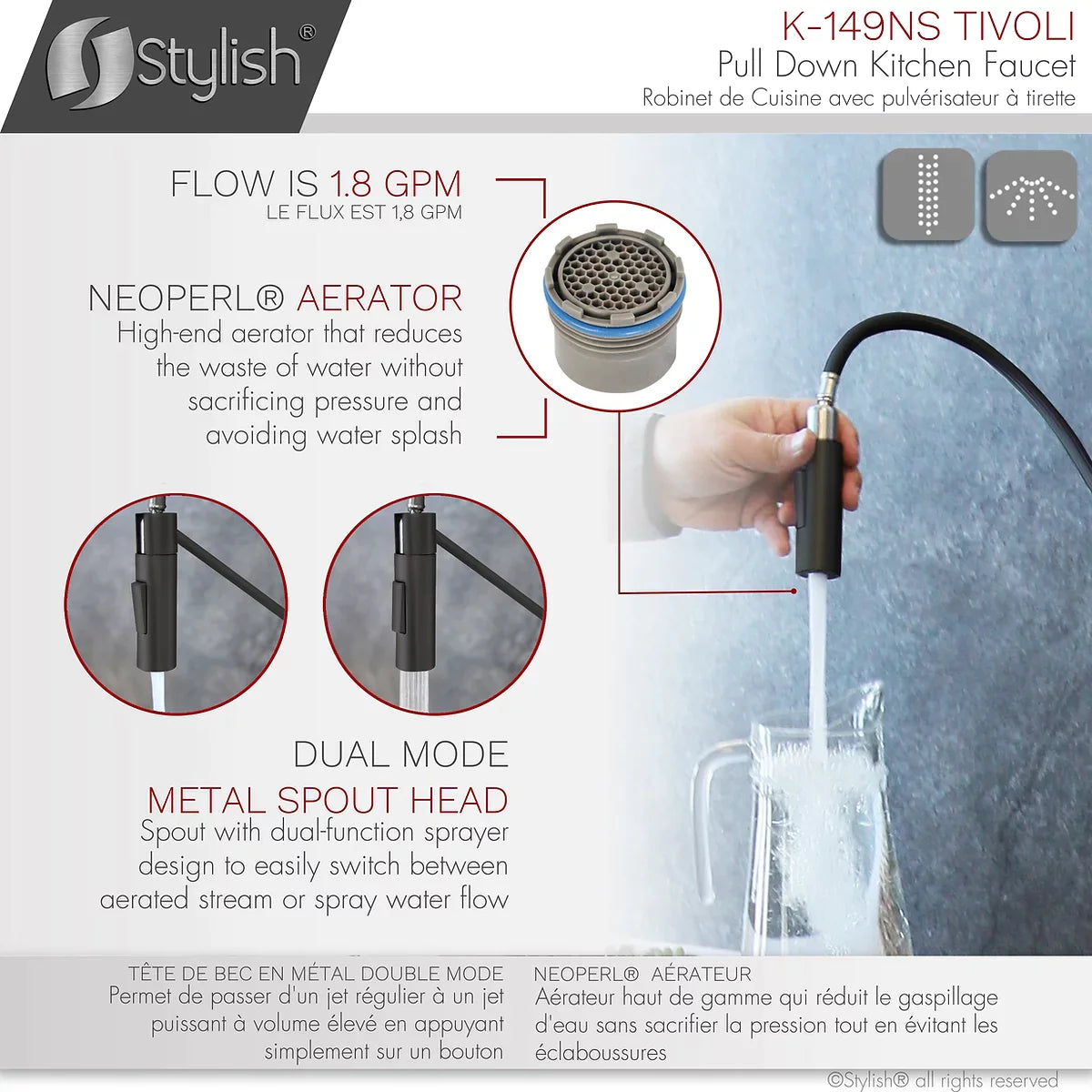 Stylish Tivoli Single Handle Pull Down Kitchen Faucet - Matte Black/Brushed Finish K-149NS