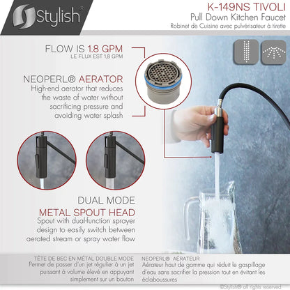 Stylish Tivoli Single Handle Pull Down Kitchen Faucet - Matte Black/Brushed Finish K-149NS