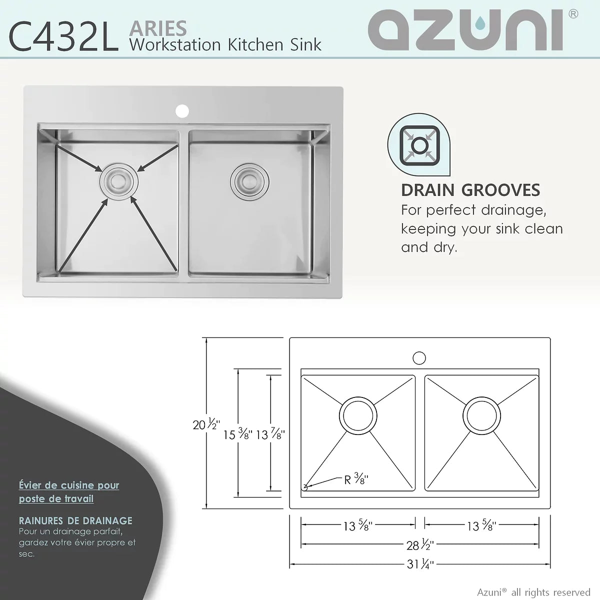 Stylish Azuni Aries 31” x 20.5" Workstation Double Bowl Kitchen Sink Stainless Steel C432L