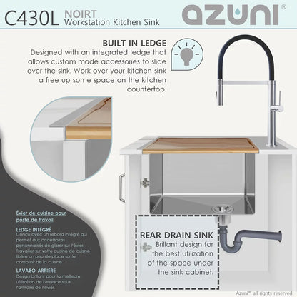 Stylish Azuni 31" x 20.5" Noirt Workstation Single Bowl Kitchen Sink Stainless Steel C430l