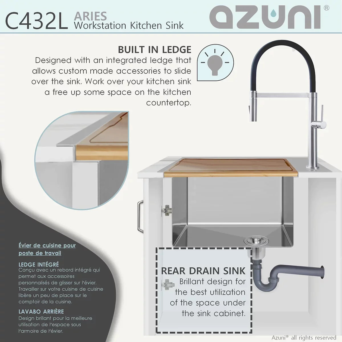 Stylish Azuni Aries 31” x 20.5" Workstation Double Bowl Kitchen Sink Stainless Steel C432L