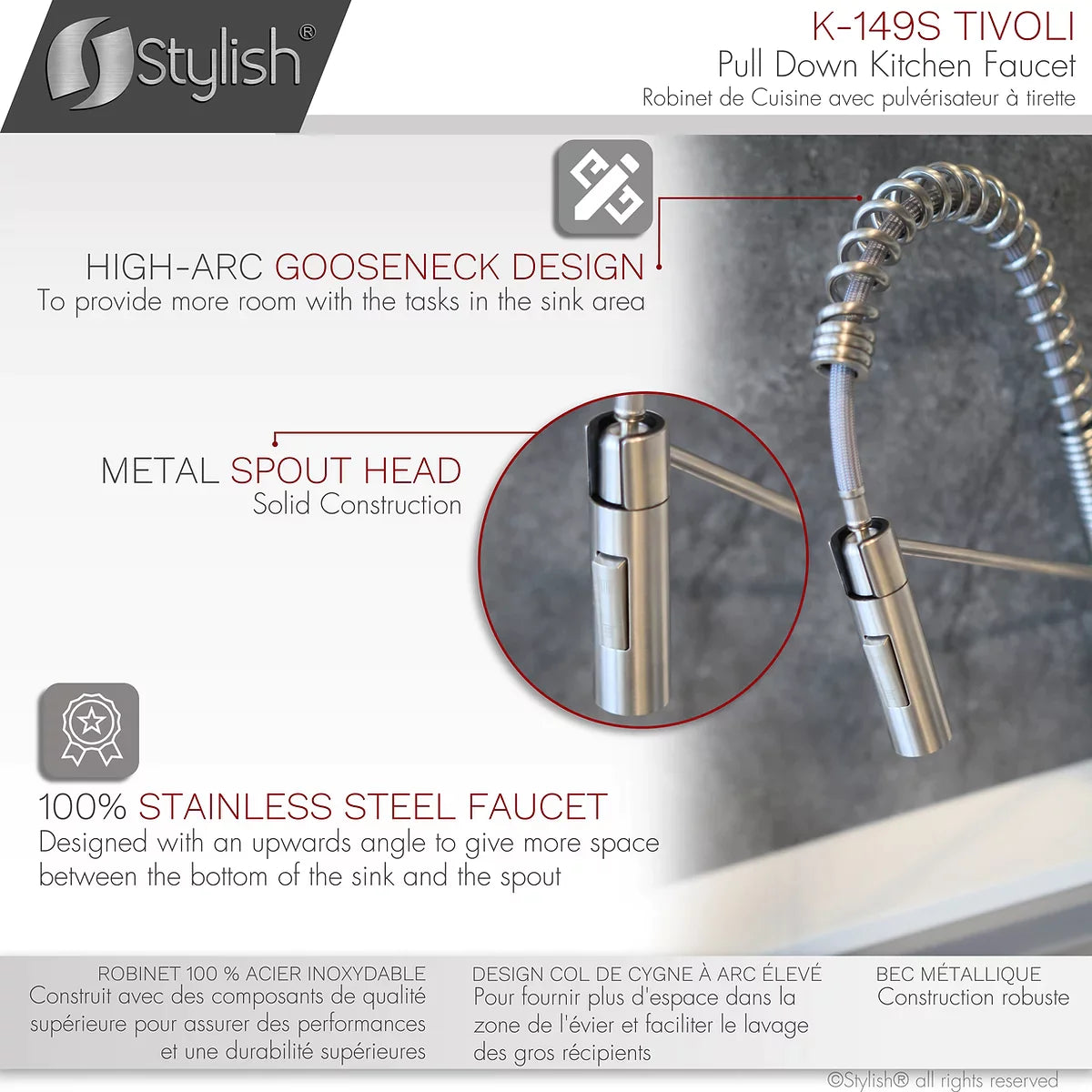 Stylish Tivoli Single Handle Pull Down Kitchen Faucet Brushed Finish K-149S