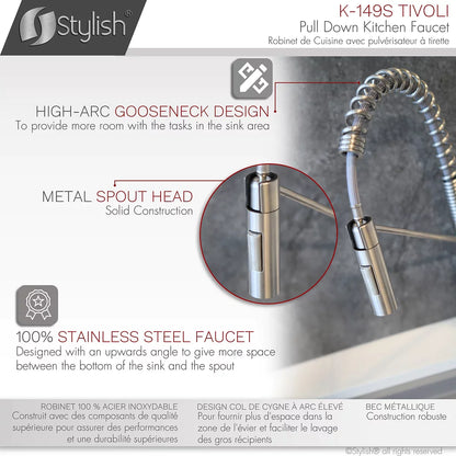 Stylish Tivoli Single Handle Pull Down Kitchen Faucet Brushed Finish K-149S