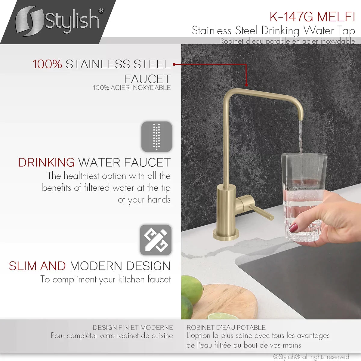 Stylish Melfi Single Handle Cold Water Tap Stainless Steel Brushed Gold Finish K-147G