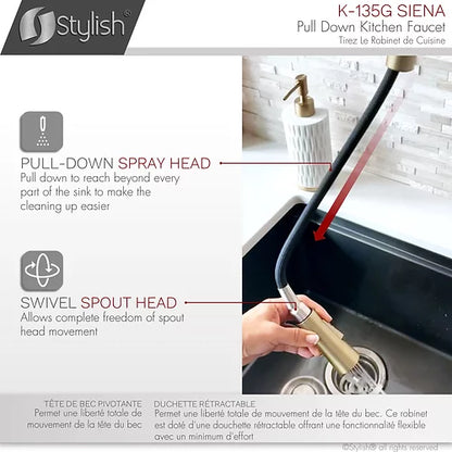 Stylish Kitchen Sink Faucet Single Handle Pull Down Dual Mode Stainless Steel Brushed Gold Finish K-135G