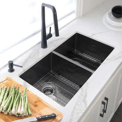 Stylish 32" x 18" Graphite Black Double Bowl Undermount Stainless Steel Kitchen Sink with Grids and Basket Strainers Opal