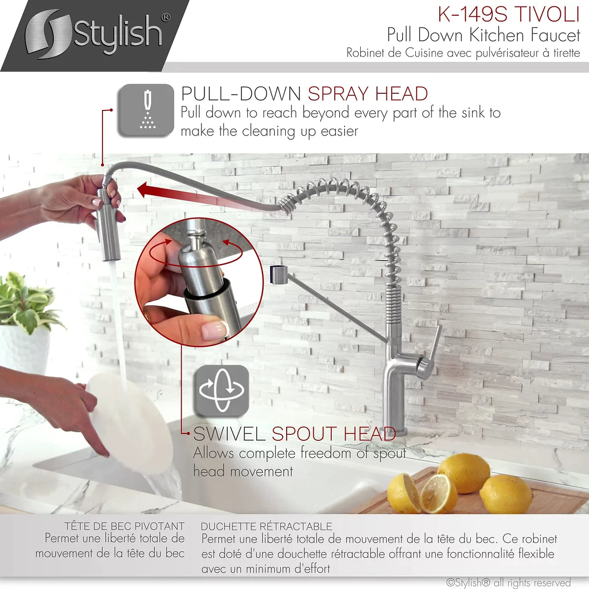 Stylish Tivoli Single Handle Pull Down Kitchen Faucet Brushed Finish K-149S