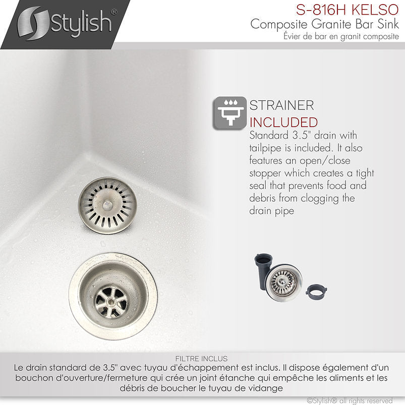 Stylish Kelso 15.5" x 17.5" Dual Mount Single Bowl White Composite Granite Kitchen Sink with Strainer