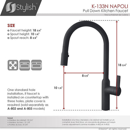 Stylish Napoli 18.75" Kitchen Faucet Single Handle Pull Down Dual Mode Stainless Steel Matte Black Finish K-133N