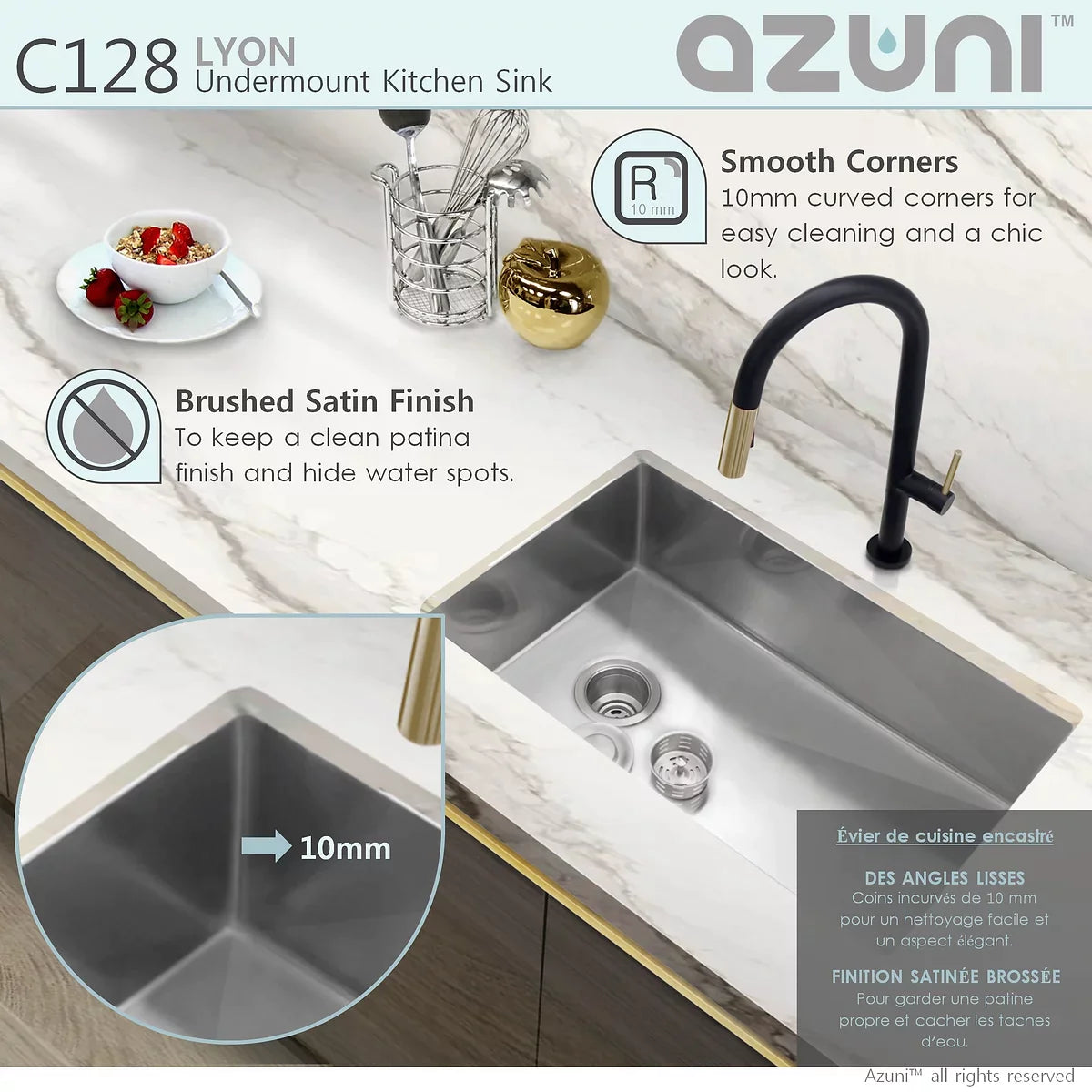 Stylish Azuni 28" x 18" Lyon Undermount Single Bowl Kitchen Sink Stainless Steel C128