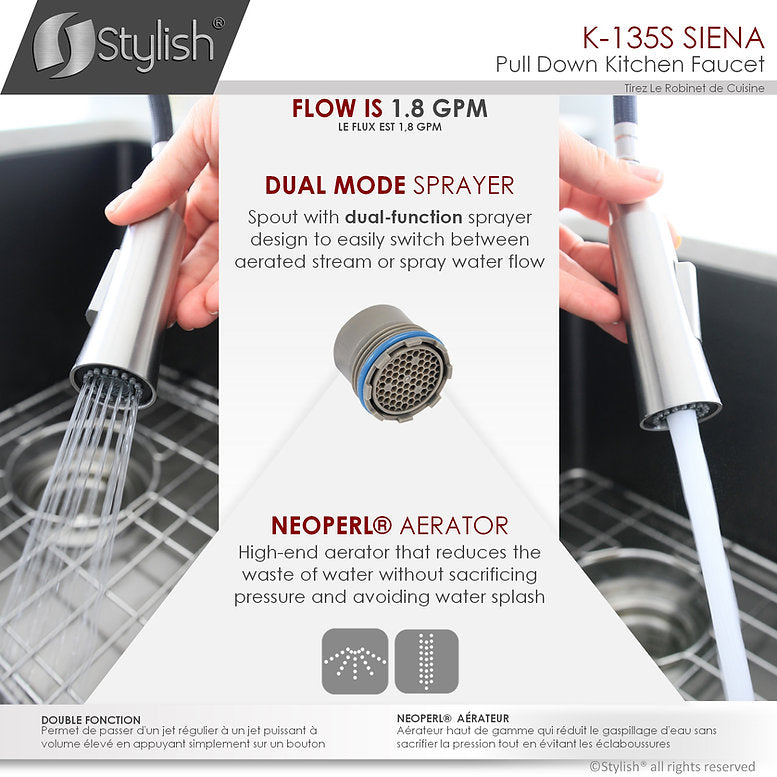 Stylish Siena Kitchen Faucet Single Handle Pull Down Dual Mode Stainless Steel Brushed Finish K-135S