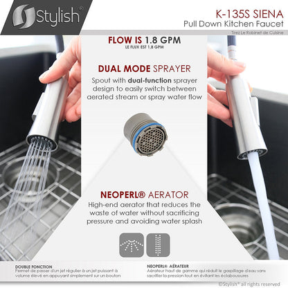 Stylish Siena Kitchen Faucet Single Handle Pull Down Dual Mode Stainless Steel Brushed Finish K-135S