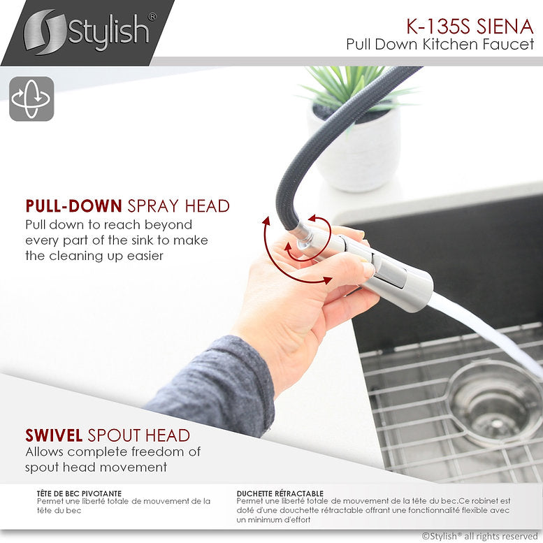 Stylish Siena Kitchen Faucet Single Handle Pull Down Dual Mode Stainless Steel Brushed Finish K-135S