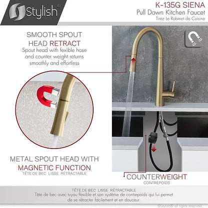 Stylish Kitchen Sink Faucet Single Handle Pull Down Dual Mode Stainless Steel Brushed Gold Finish K-135G