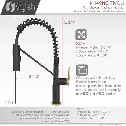 Stylish Tivoli Single Handle Pull Down Kitchen Faucet - Matte Black/Brushed Gold K-149NG