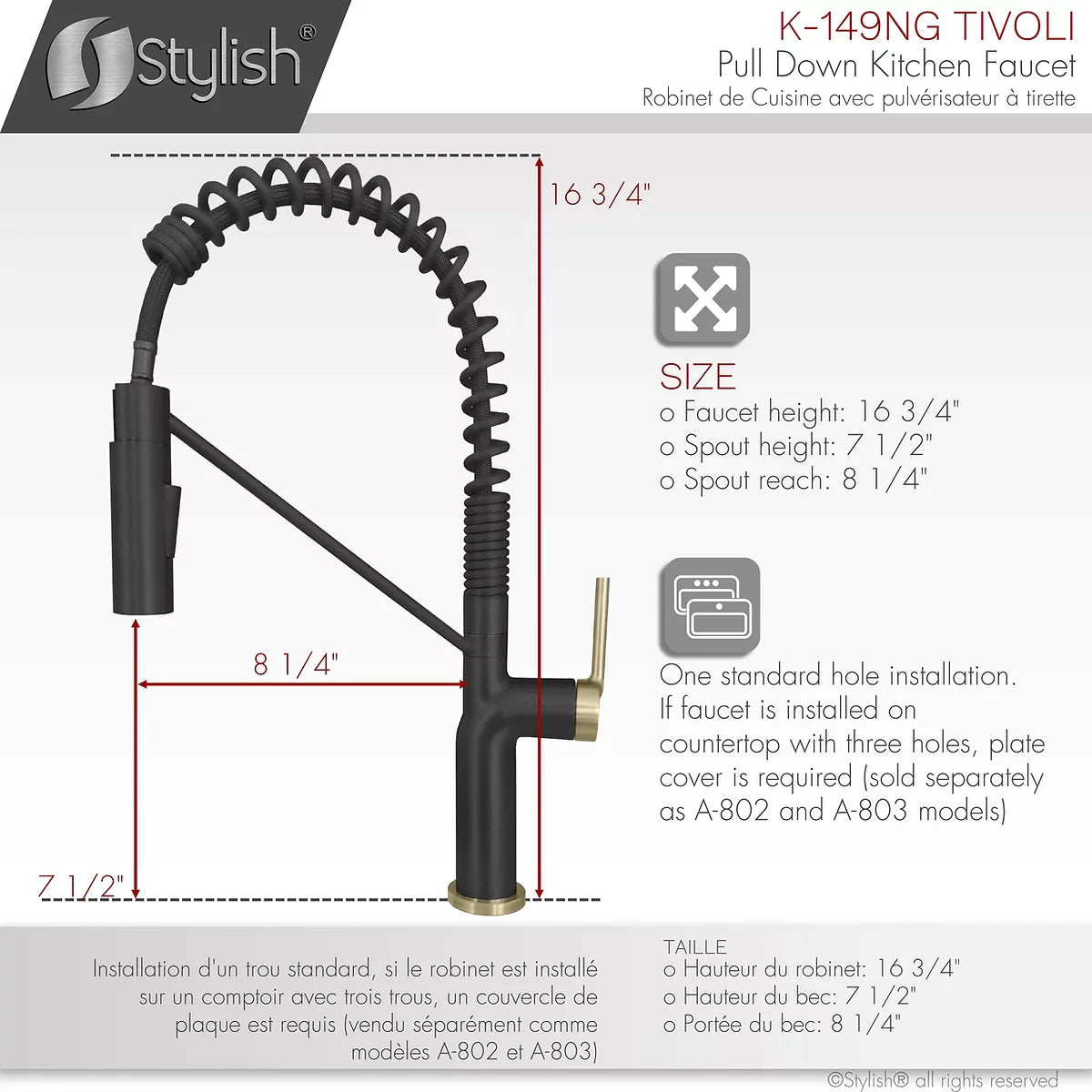 Stylish Tivoli Single Handle Pull Down Kitchen Faucet - Matte Black/Brushed Gold K-149NG