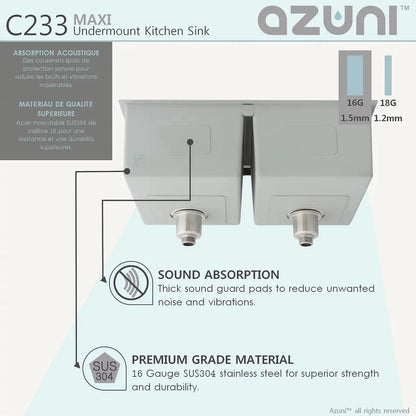 Stylish Azuni 32" x 18.5" Maxi Undermount Double Bowl Kitchen Sink Stainless Steel C233