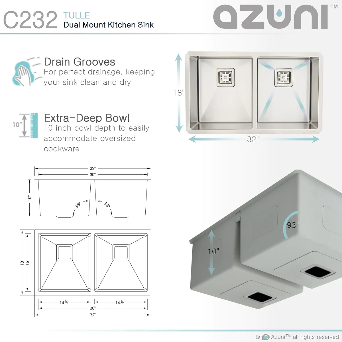 Stylish Azuni 32" x 18" Tulle Square Strainer 16 Gauge Undermount or Drop-in 50/50 Double Bowl Stainless Steel Kitchen Sink C232