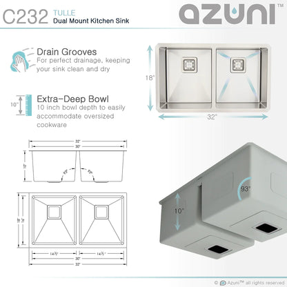 Stylish Azuni 32" x 18" Tulle Square Strainer 16 Gauge Undermount or Drop-in 50/50 Double Bowl Stainless Steel Kitchen Sink C232