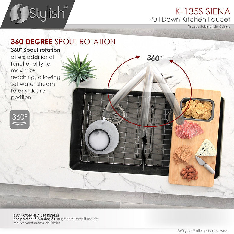Stylish Siena Kitchen Faucet Single Handle Pull Down Dual Mode Stainless Steel Brushed Finish K-135S
