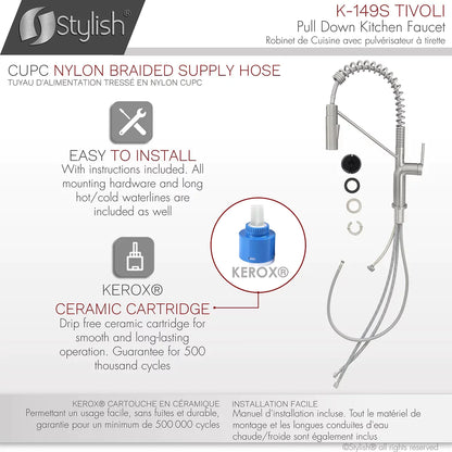 Stylish Tivoli Single Handle Pull Down Kitchen Faucet Brushed Finish K-149S