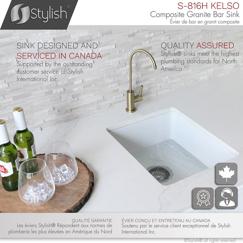 Stylish Kelso 15.5" x 17.5" Dual Mount Single Bowl White Composite Granite Kitchen Sink with Strainer