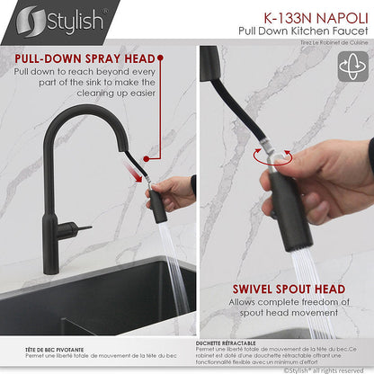 Stylish Napoli 18.75" Kitchen Faucet Single Handle Pull Down Dual Mode Stainless Steel Matte Black Finish K-133N