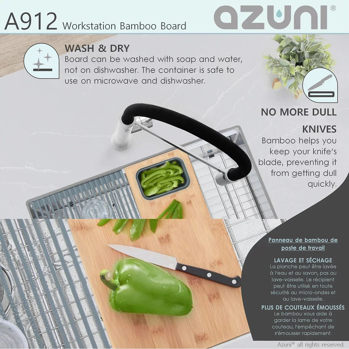 Stylish Azuni 17" Workstation Sink Bamboo Cutting Board Set With Container A912