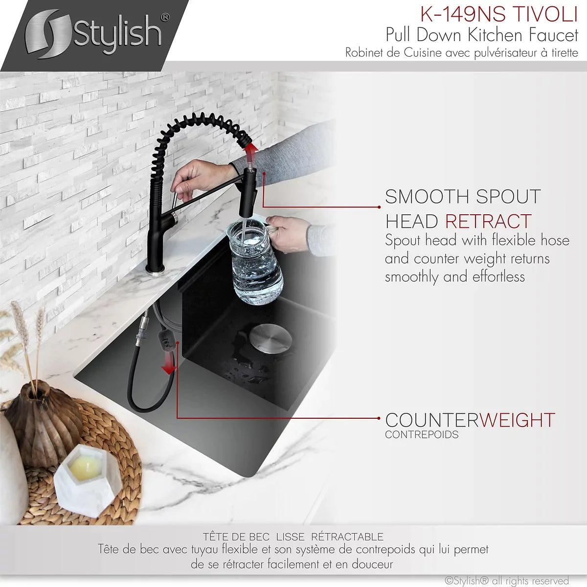 Stylish Tivoli Single Handle Pull Down Kitchen Faucet - Matte Black/Brushed Finish K-149NS