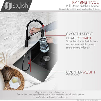 Stylish Tivoli Single Handle Pull Down Kitchen Faucet - Matte Black/Brushed Finish K-149NS