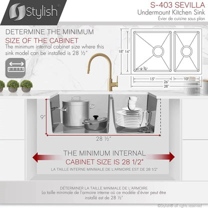 Stylish Sevilla 28" x 18" Undermount Double Bowl Kitchen Sink 18 Gauge Stainless Steel with Standard Strainers S-403