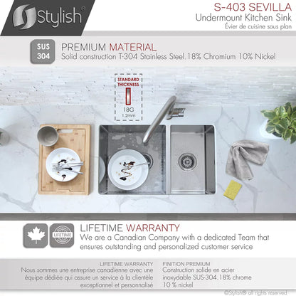 Stylish Sevilla 28" x 18" Undermount Double Bowl Kitchen Sink 18 Gauge Stainless Steel with Standard Strainers S-403