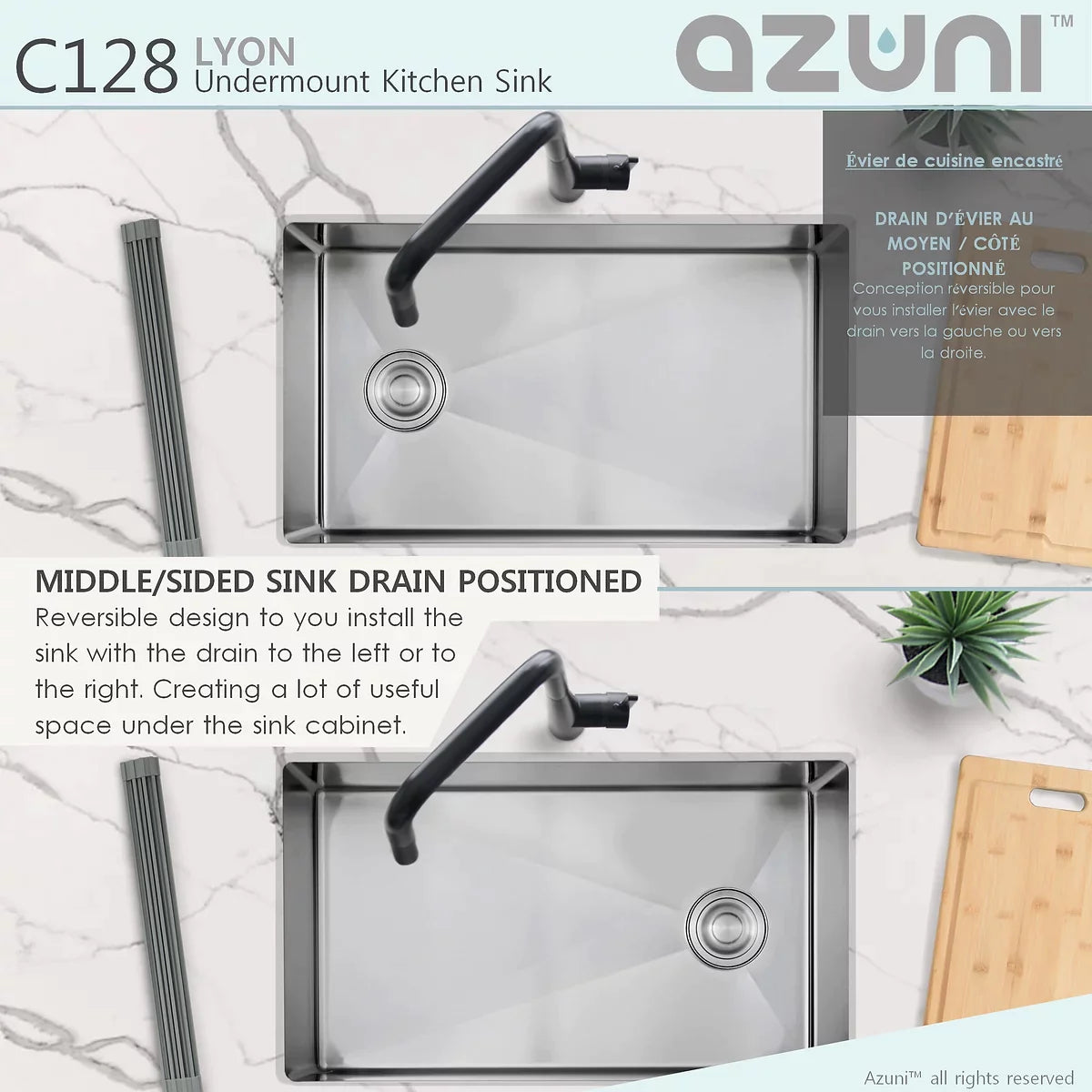 Stylish Azuni 28" x 18" Lyon Undermount Single Bowl Kitchen Sink Stainless Steel C128