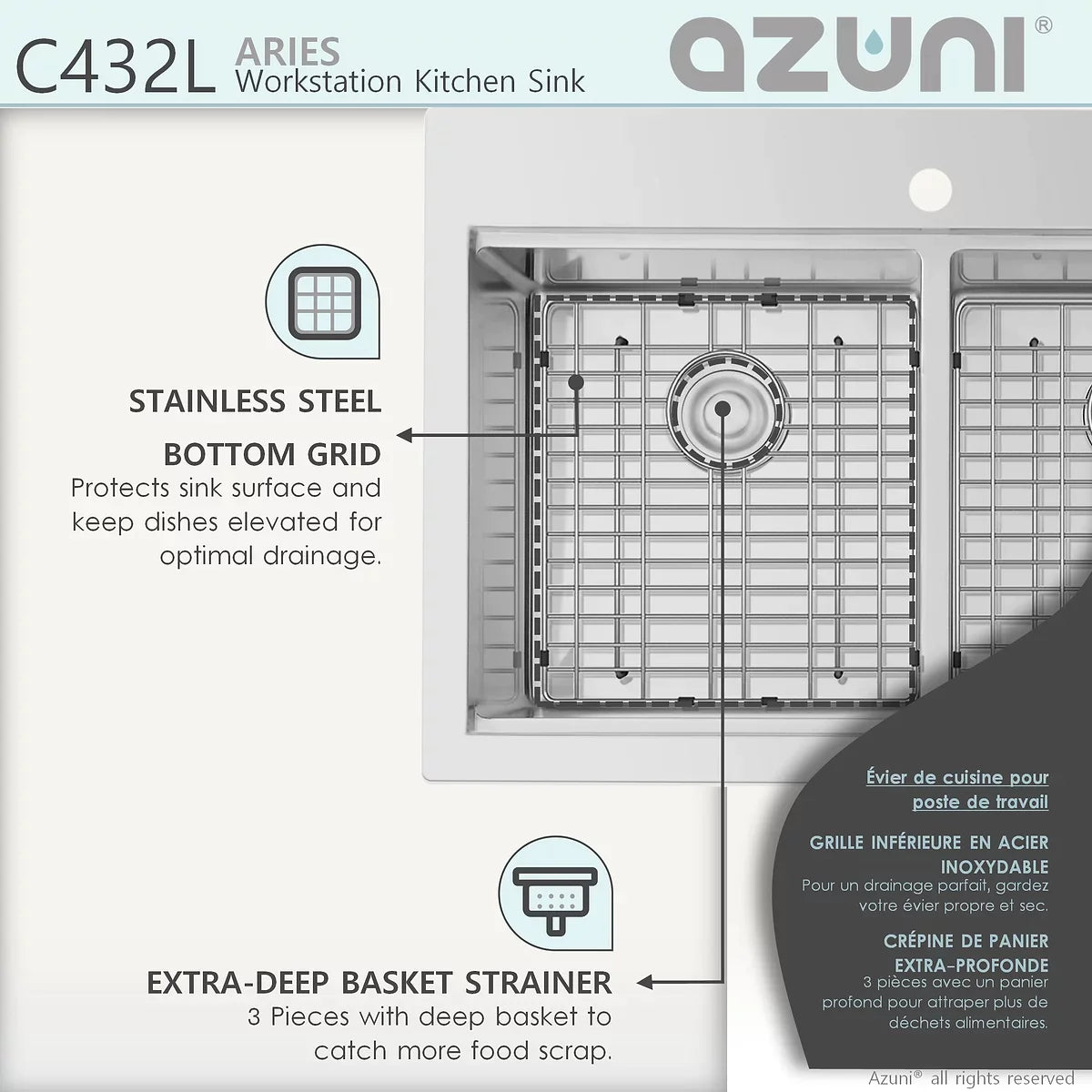Stylish Azuni Aries 31” x 20.5" Workstation Double Bowl Kitchen Sink Stainless Steel C432L