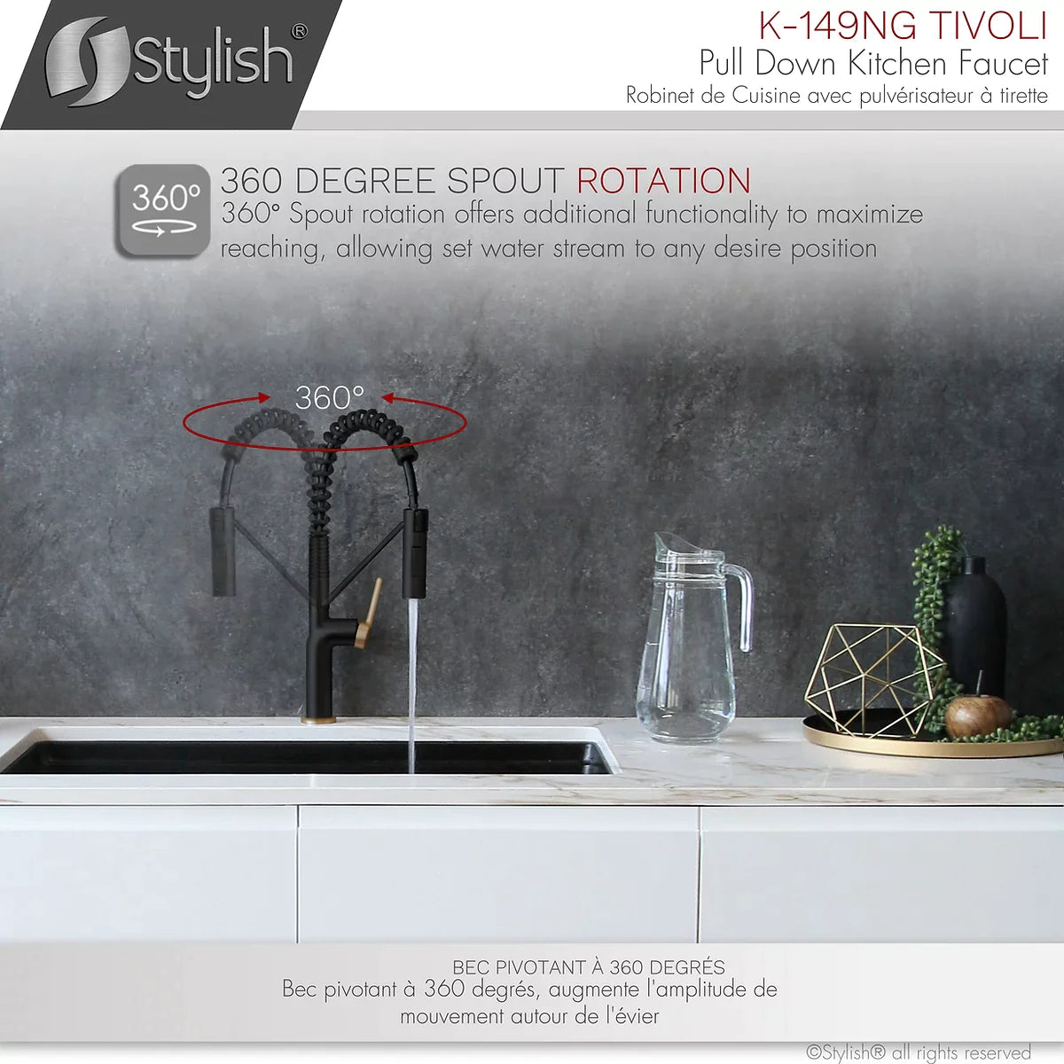Stylish Tivoli Single Handle Pull Down Kitchen Faucet - Matte Black/Brushed Gold K-149NG