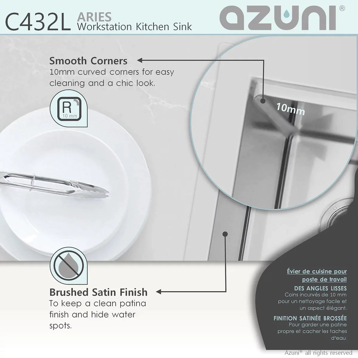 Stylish Azuni Aries 31” x 20.5" Workstation Double Bowl Kitchen Sink Stainless Steel C432L