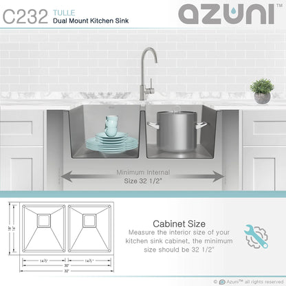Stylish Azuni 32" x 18" Tulle Square Strainer 16 Gauge Undermount or Drop-in 50/50 Double Bowl Stainless Steel Kitchen Sink C232