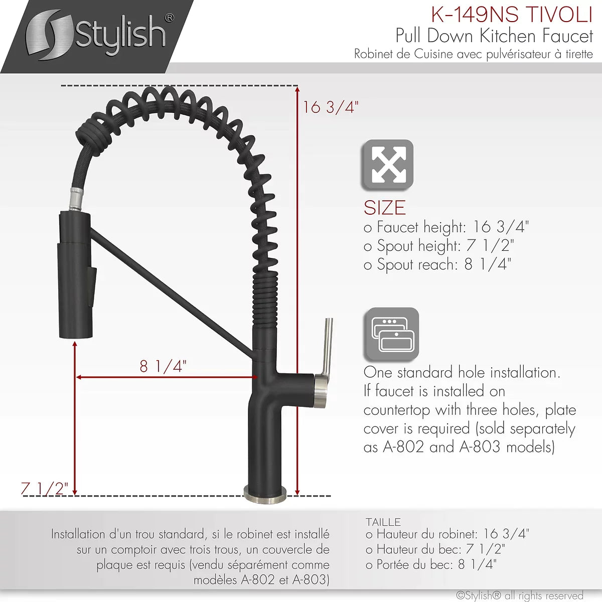 Stylish Tivoli Single Handle Pull Down Kitchen Faucet - Matte Black/Brushed Finish K-149NS