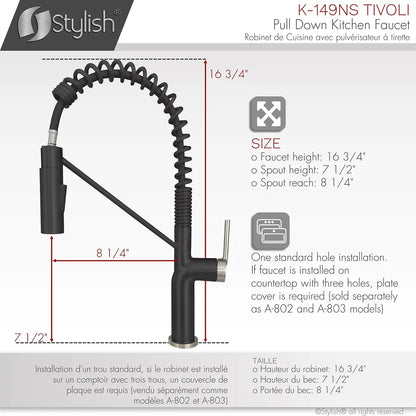 Stylish Tivoli Single Handle Pull Down Kitchen Faucet - Matte Black/Brushed Finish K-149NS