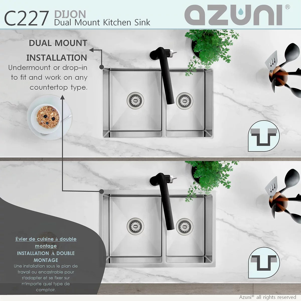 Stylish Azuni 27" x 18" Dijon Dual mount Double Bowl Kitchen Sink Stainless Steel C227