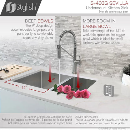 Stylish Sevilla 28" x 18" Undermount Double Bowl Kitchen Sink 18 Gauge Stainless Steel with Grids and Standard Strainers S-403G