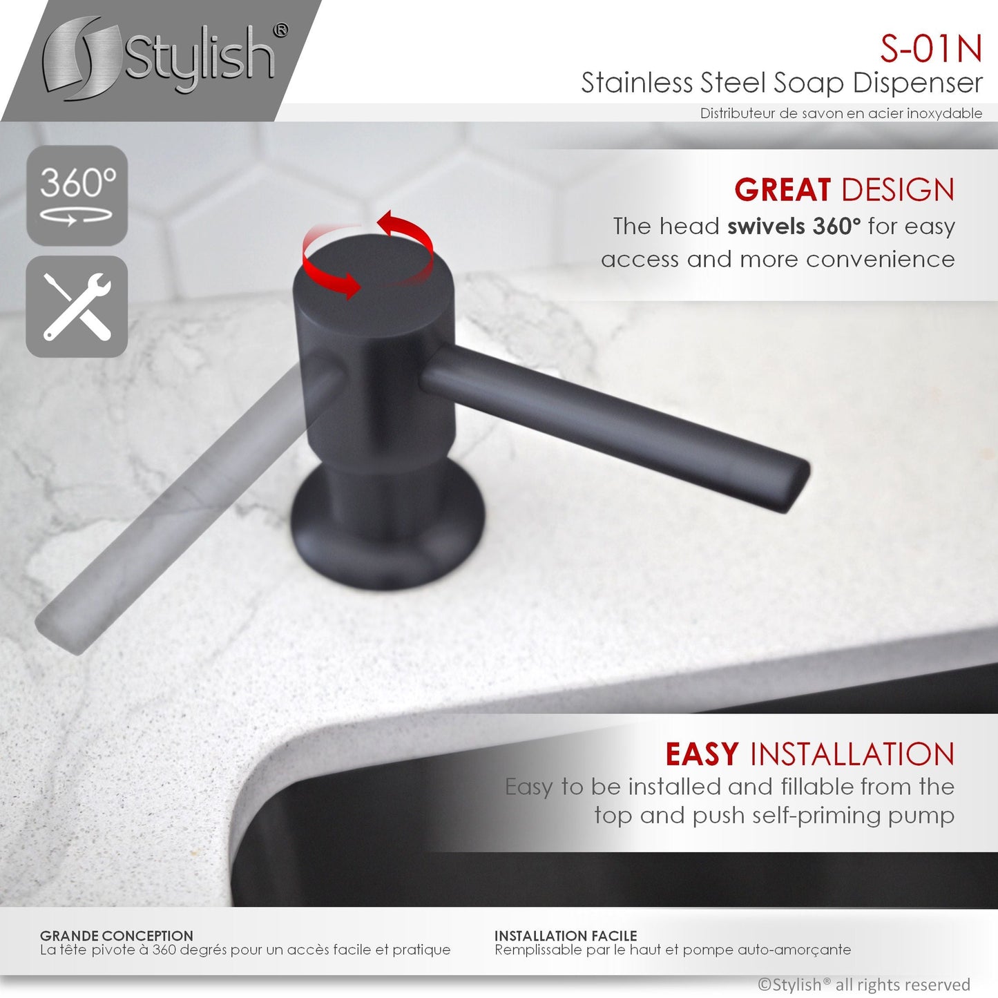Stylish Stainless Steel Soap Dispenser Pump Liquid Hand Lotion Dispenser Matte Black S-01N