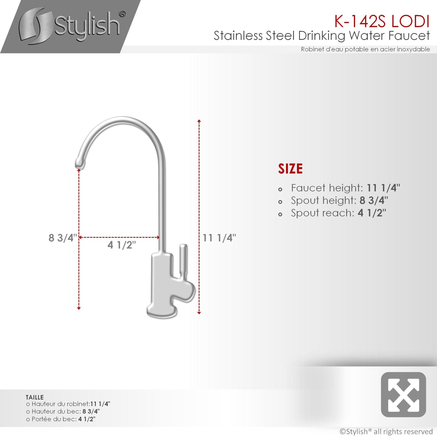 Stylish Lodi 11.25" Kitchen Drinking Water Tap Faucet, Stainless Steel Brushed Finish K-142S