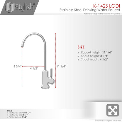 Stylish Lodi 11.25" Kitchen Drinking Water Tap Faucet, Stainless Steel Brushed Finish K-142S