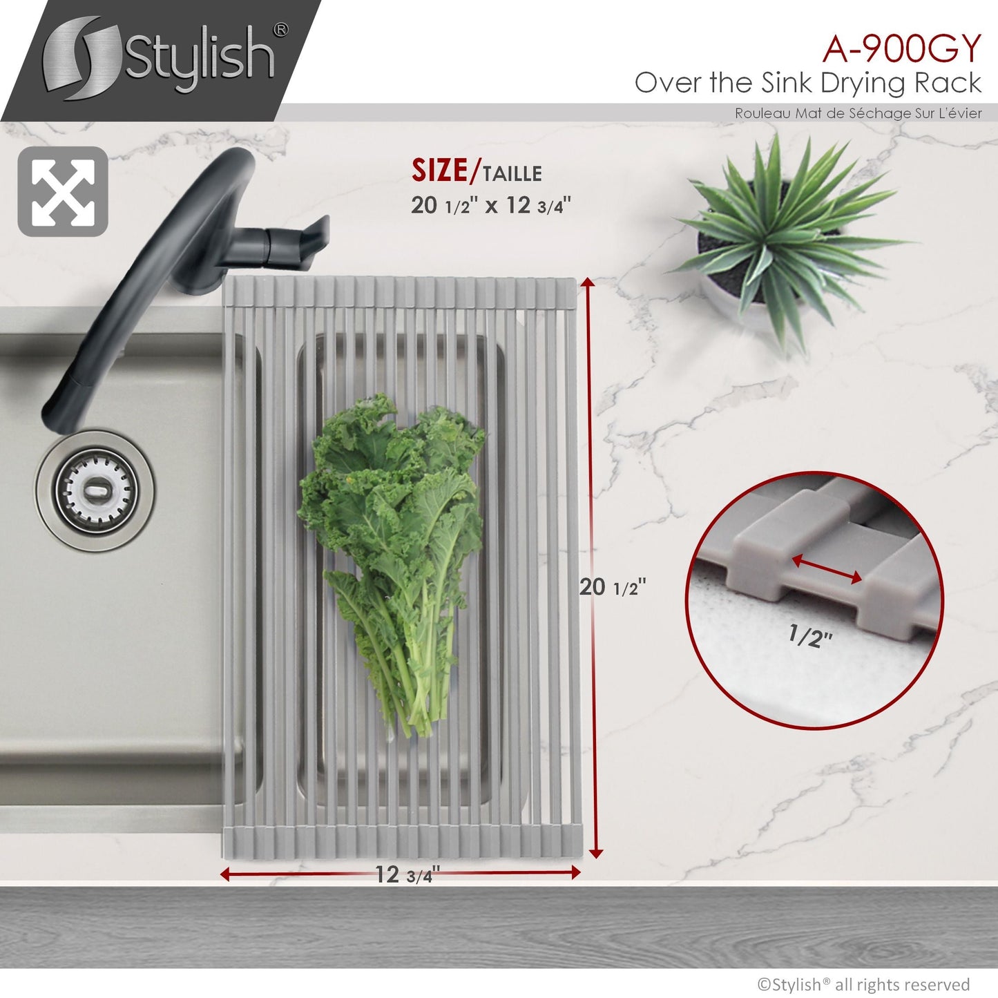 Stylish 20" Over the Sink Roll-up Drying Rack Gray A-900GY