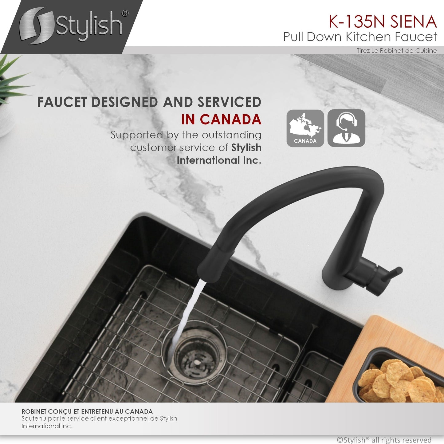 Stylish Siena 17" Kitchen Faucet Single Handle Pull Down Dual Mode Stainless Steel in Matte Black Finish K-135N