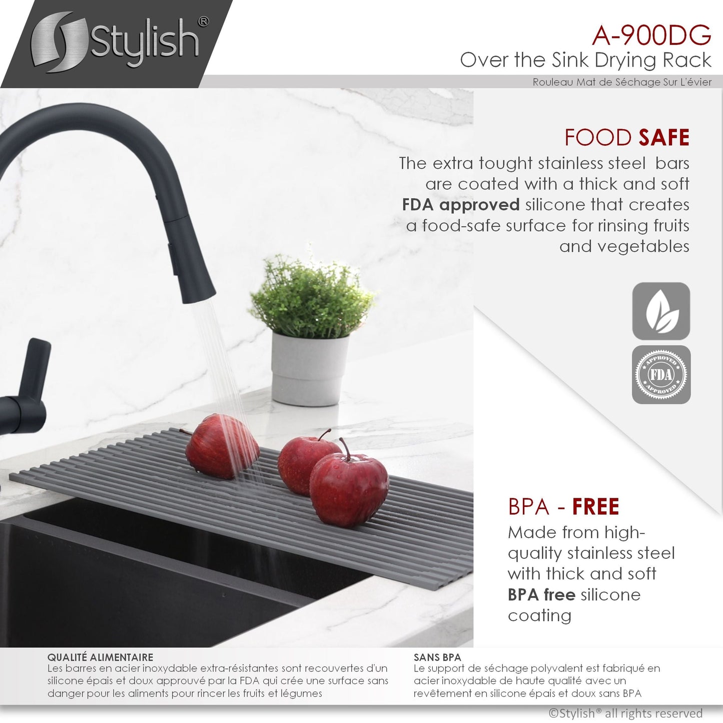 Stylish 20" Over the Sink Roll-up Drying Rack Dark Gray A-900DG